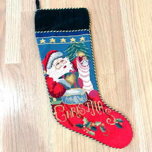 Vintage Lined Christmas Stocking Needlepoint Santa Presents Tree Velvet